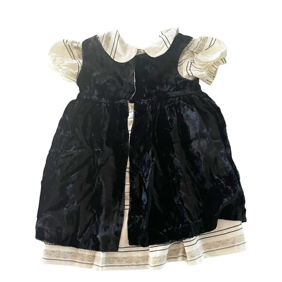 Donna Capozzi Kids 3T Dress Beige Woven Collared Baby Doll Dress Velvet Pinafore - Picture 2 of 14